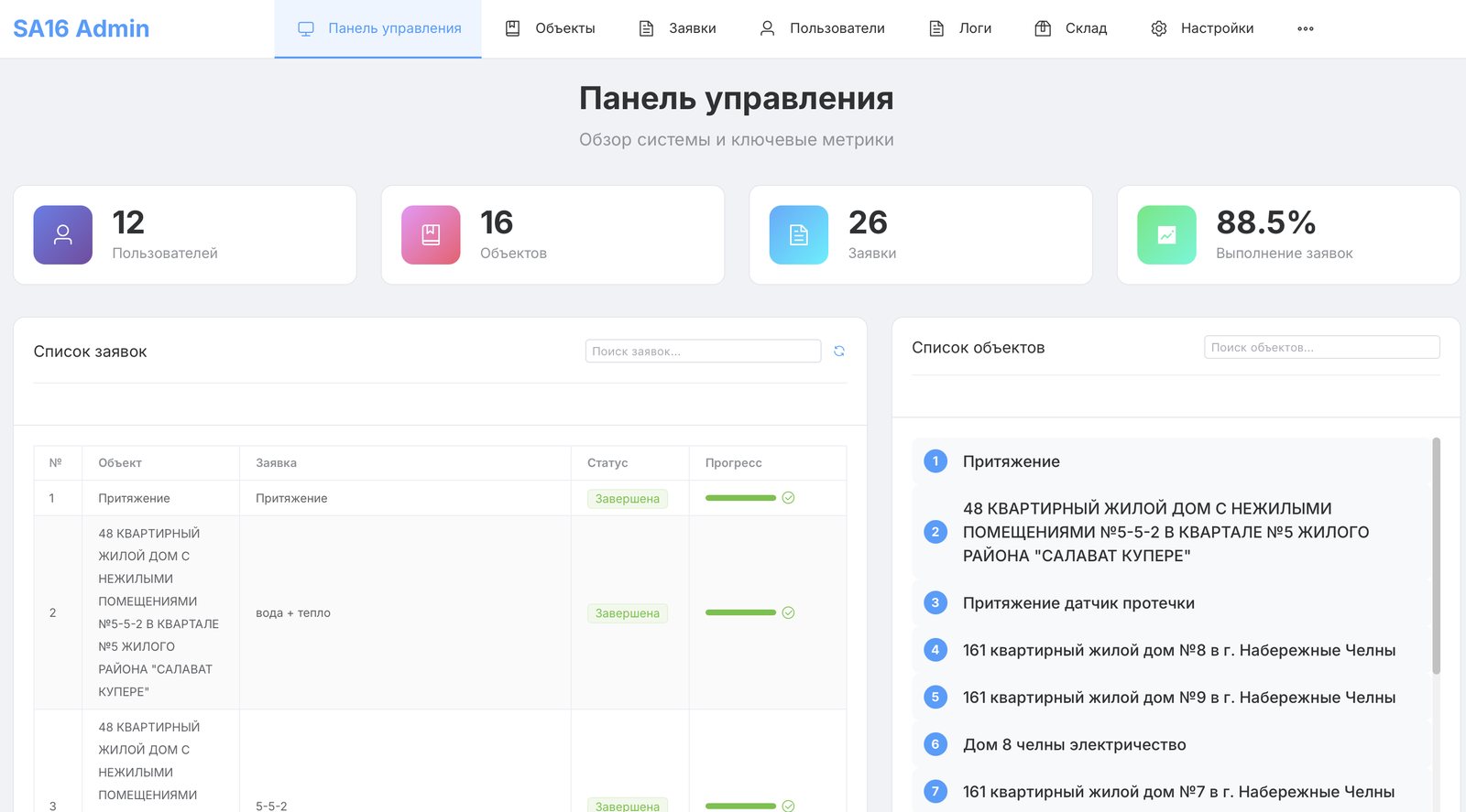 АРМ SA16: Панель управления